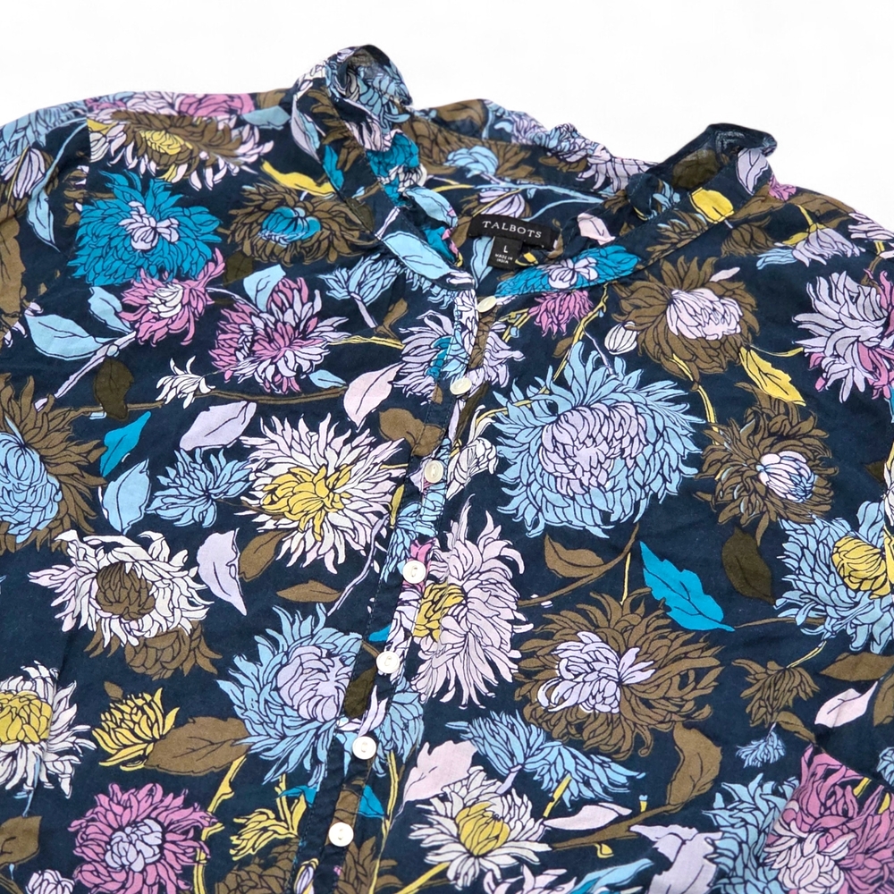 Talbots Navy Multicolor Floral Blouse EUC Size Large - Picture 3 of 7